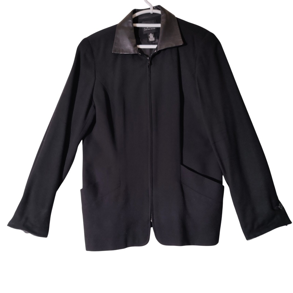 LIMITED Black Wool Shell Genuine Leather Trim Full Zip Collared Womens Jacket 12